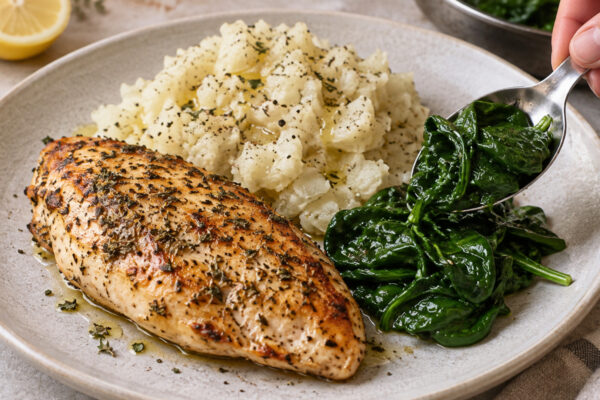 Kräuter-Hähnchenbrust mit Kohlrabistampf und Blattspinat