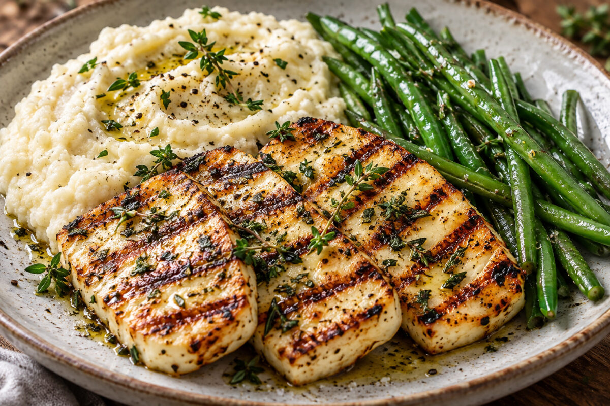 Kräuter-Halloumi mit Blumenkohlpüree und grünen Bohnen