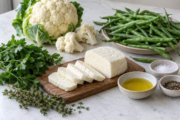 Kräuter-Halloumi mit Blumenkohlpüree und grünen Bohnen