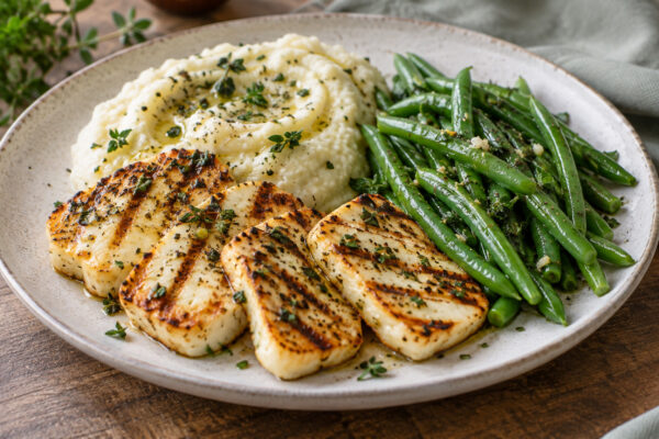 Kräuter-Halloumi mit Blumenkohlpüree und grünen Bohnen