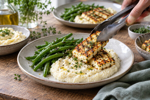 Kräuter-Halloumi mit Blumenkohlpüree und grünen Bohnen