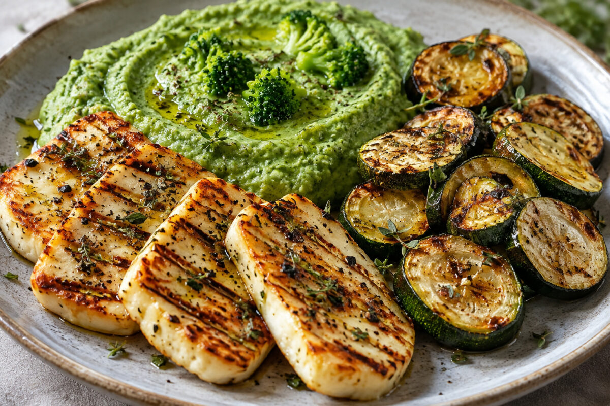Kräuter-Halloumi mit Brokkolicreme und Ofenzucchini