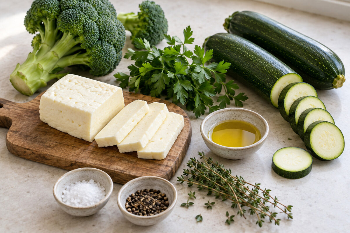 Kräuter-Halloumi mit Brokkolicreme und Ofenzucchini