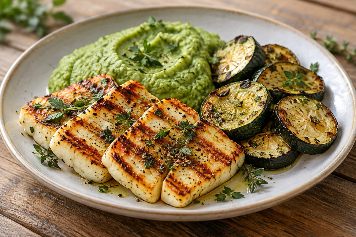 Kräuter-Halloumi mit Brokkolicreme und Ofenzucchini