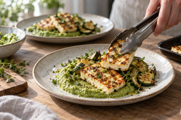 Kräuter-Halloumi mit Brokkolicreme und Ofenzucchini