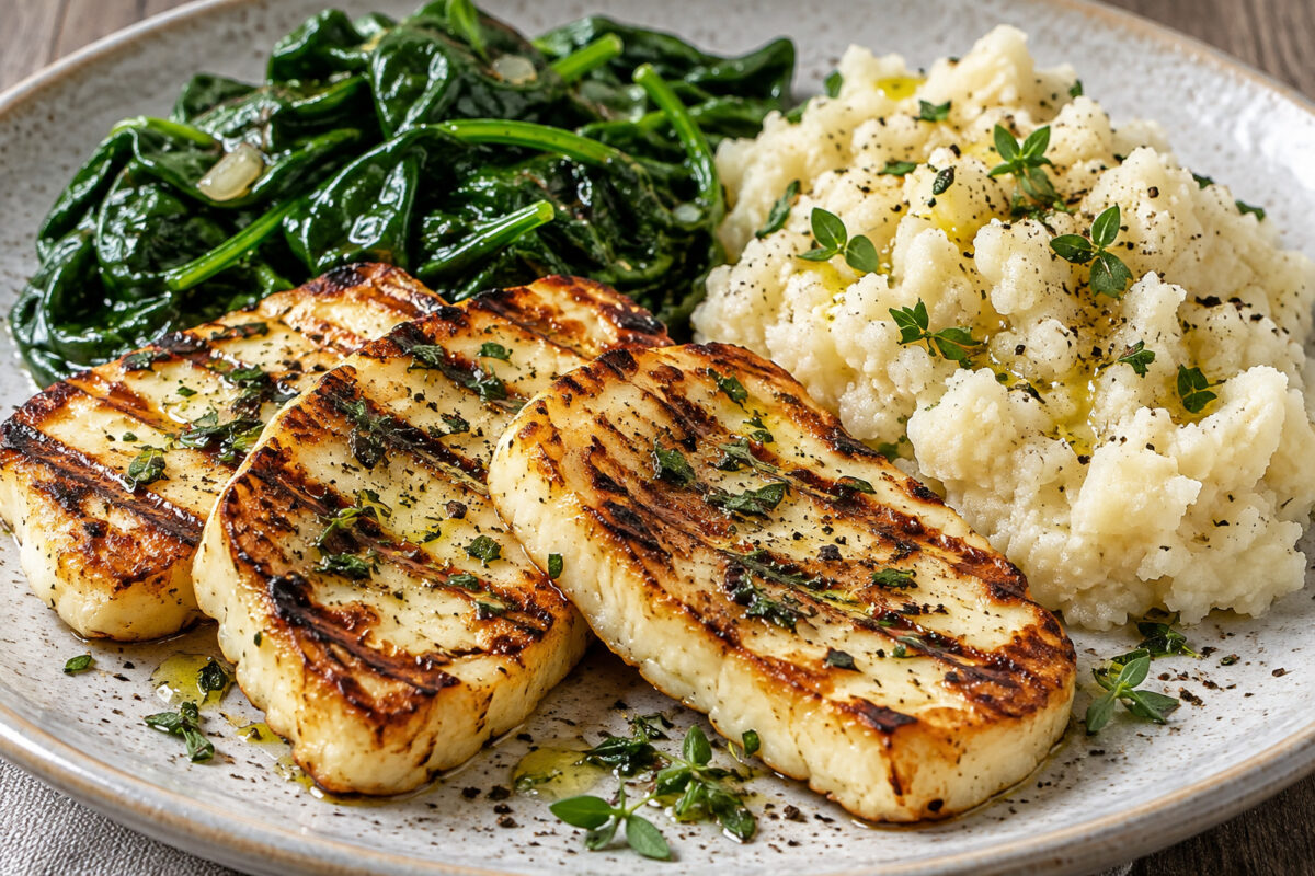 Kräuter-Halloumi mit Kohlrabistampf und Blattspinat