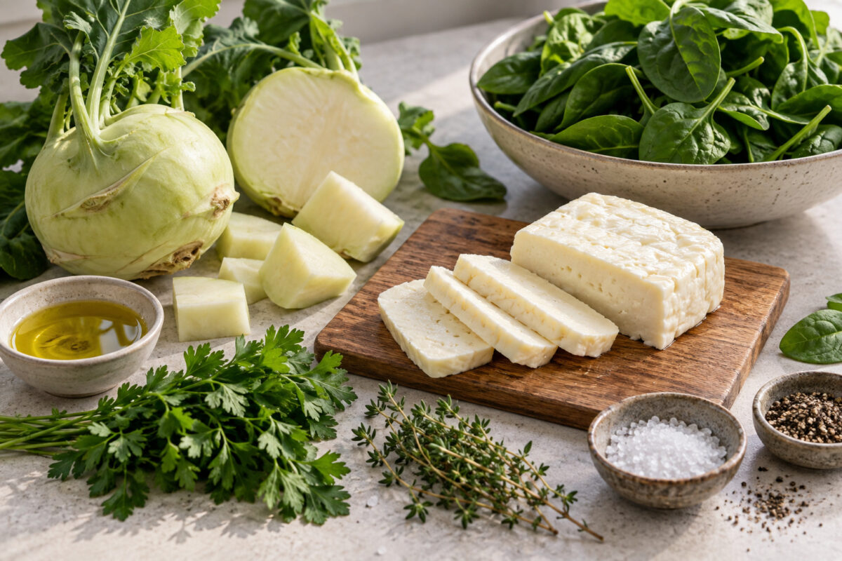 Kräuter-Halloumi mit Kohlrabistampf und Blattspinat