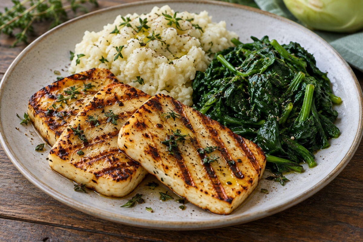 Kräuter-Halloumi mit Kohlrabistampf und Blattspinat
