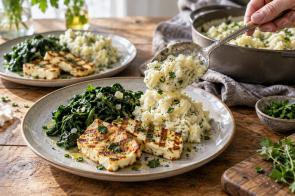 Kräuter-Halloumi mit Kohlrabistampf und Blattspinat