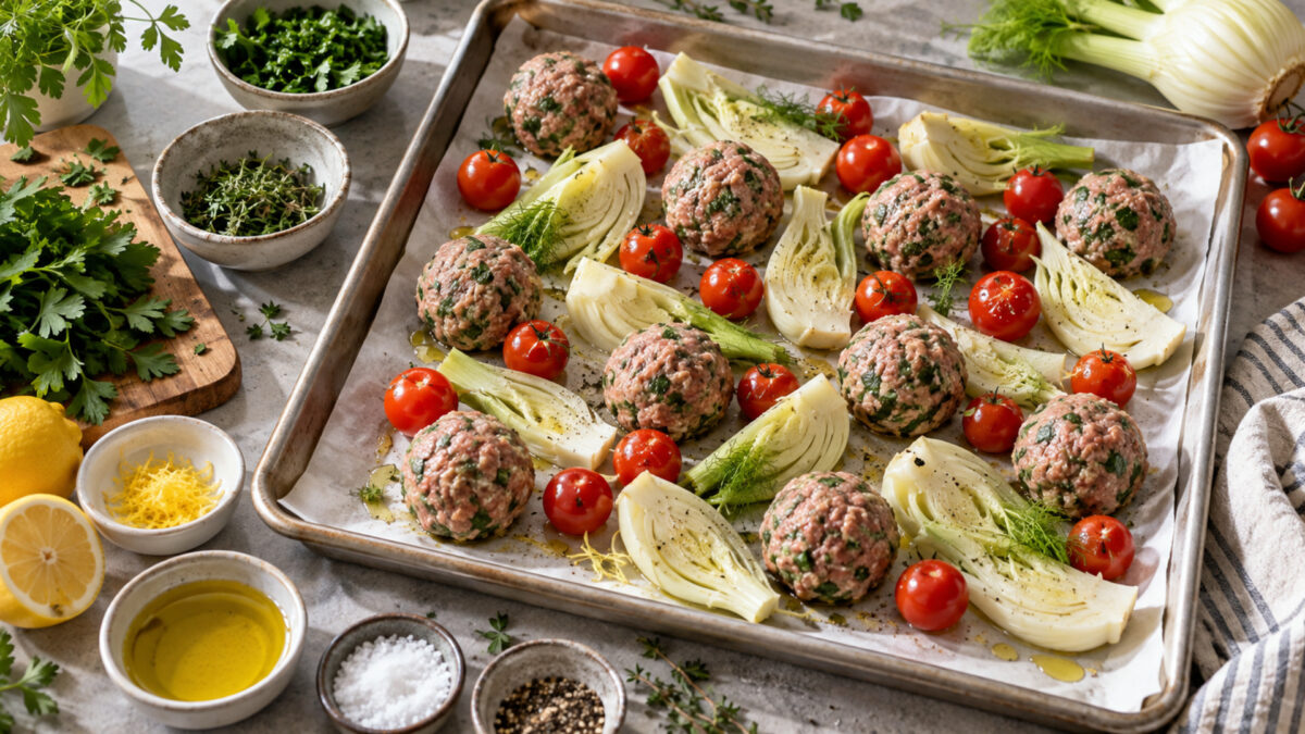 Kräuter-Putenbällchen vom Blech mit Fenchel und Kirschtomaten