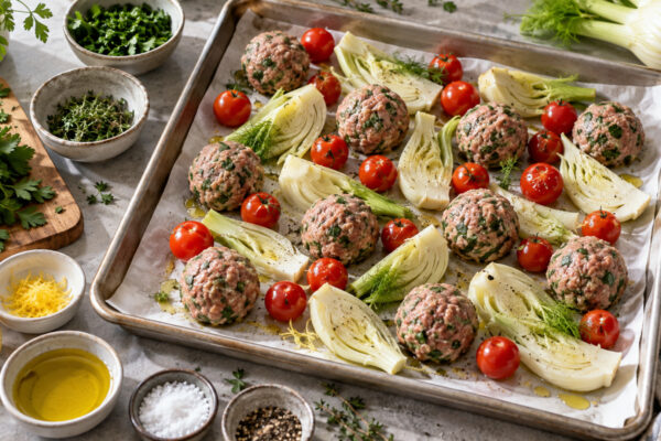 Kräuter-Putenbällchen vom Blech mit Fenchel und Kirschtomaten