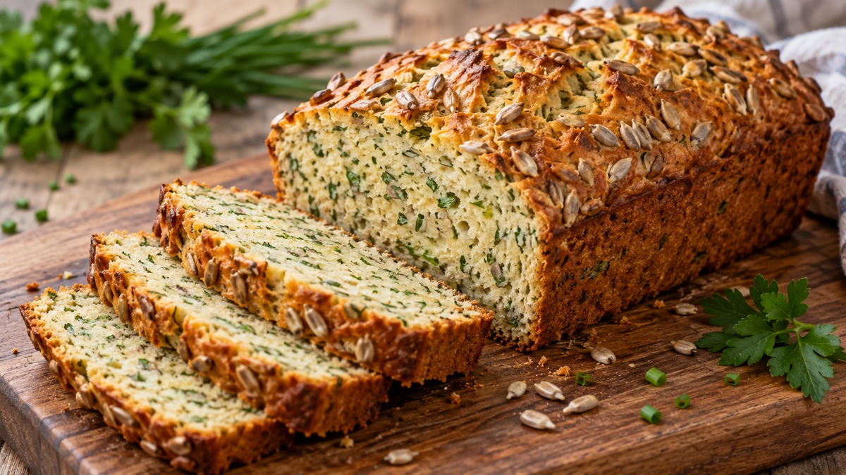 Kräuter-Quark-Brot mit Sonnenblumenkernen: Fertiges Gericht als Hauptmotiv.