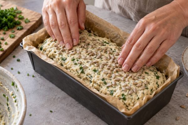Kräuter-Quark-Brot mit Sonnenblumenkernen: Zutaten und realer Vorbereitungsschritt.