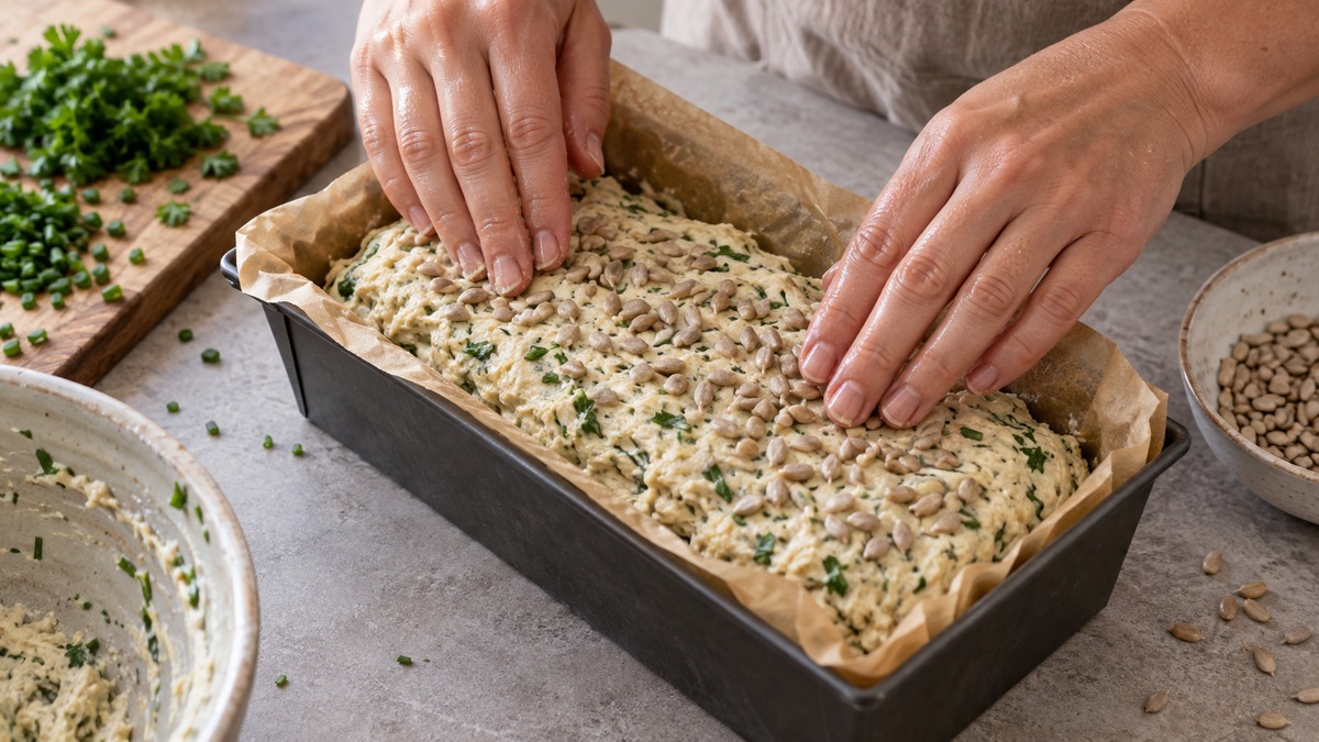 Kräuter-Quark-Brot mit Sonnenblumenkernen: Zutaten und realer Vorbereitungsschritt.