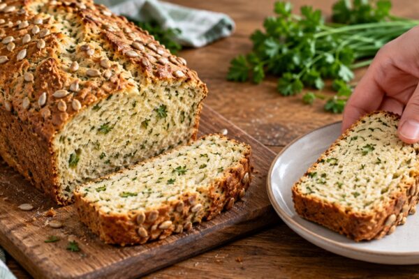 Kräuter-Quark-Brot mit Sonnenblumenkernen: Aktive Anrichte- oder Servierszene.