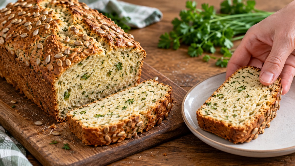 Kräuter-Quark-Brot mit Sonnenblumenkernen: Aktive Anrichte- oder Servierszene.