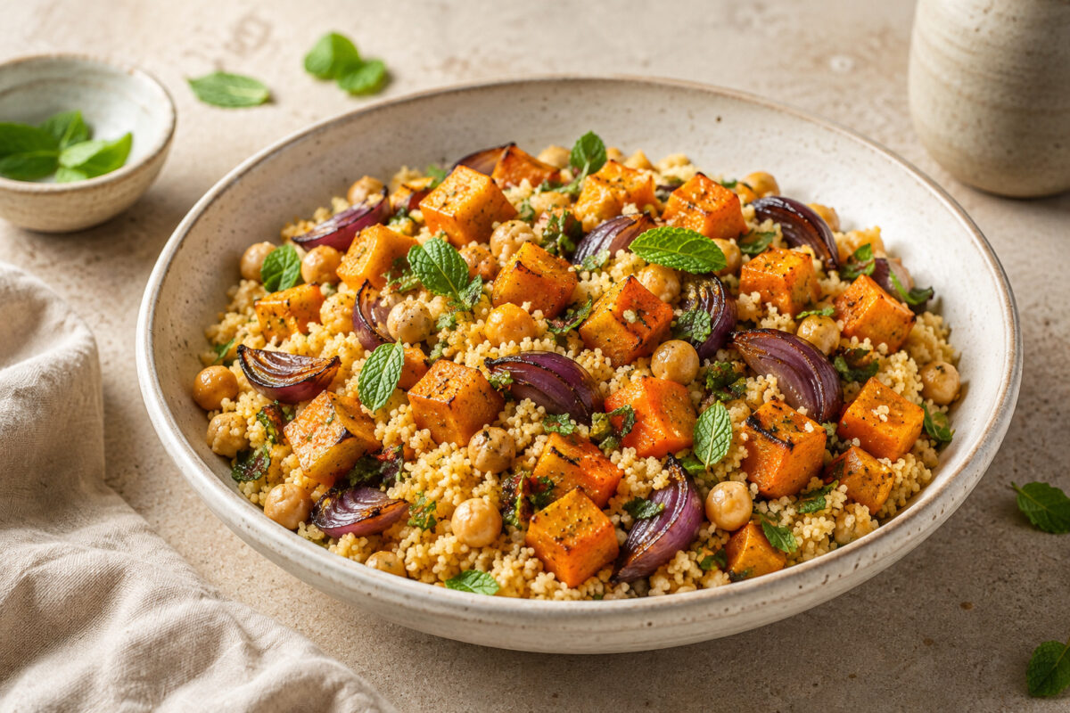 Fertiger Kürbis-Couscous mit gerösteten Hokkaidokürbiswürfeln, Kichererbsen, roten Zwiebeln und frischer Minze in einer hellen Keramikschale.