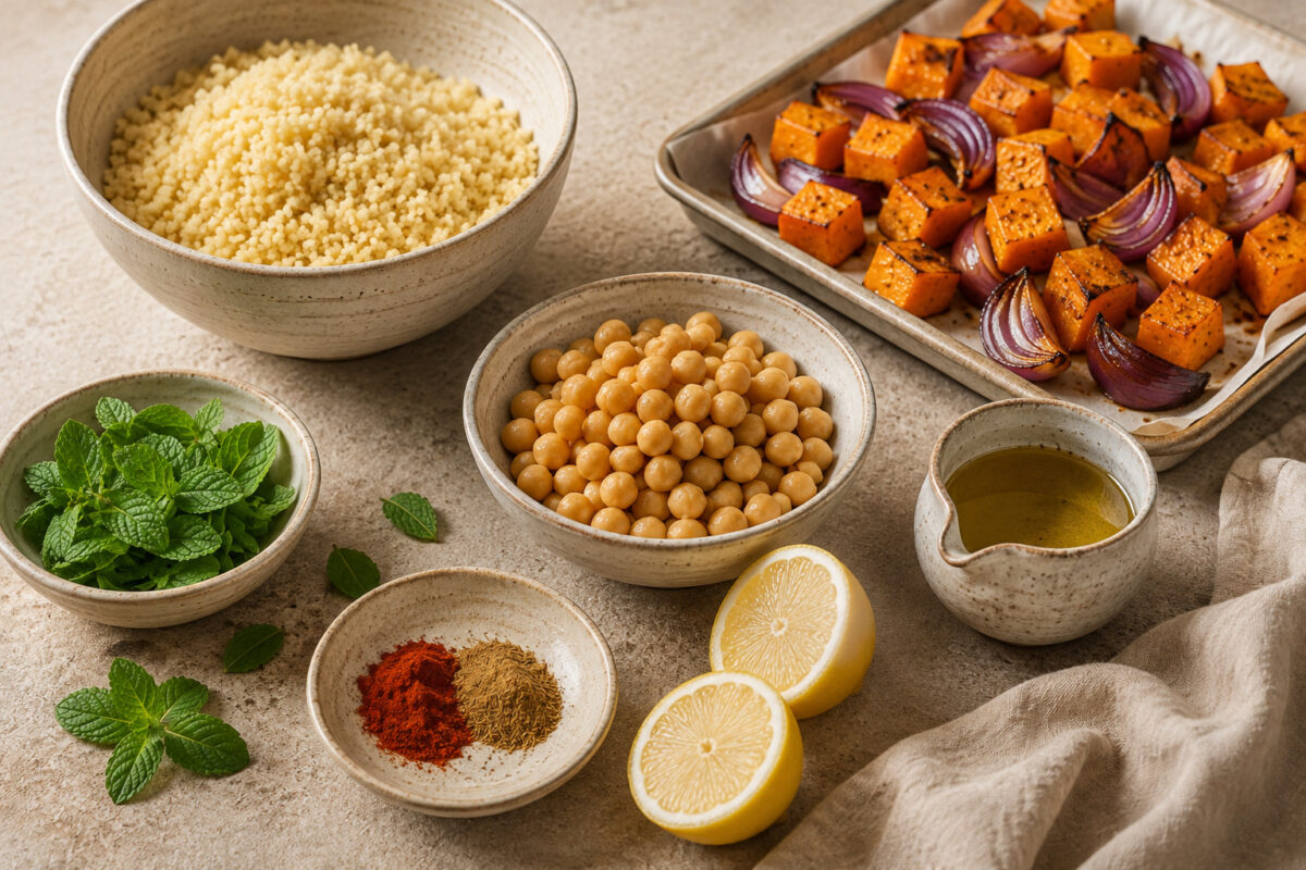 Zutaten- und Vorbereitungsansicht mit Couscous, geröstetem Kürbis und roten Zwiebeln, Kichererbsen, Minze, Zitrone, Olivenöl und Gewürzen.
