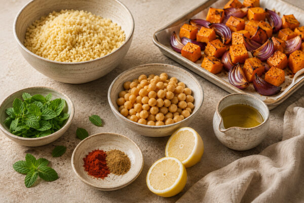 Zutaten- und Vorbereitungsansicht mit Couscous, geröstetem Kürbis und roten Zwiebeln, Kichererbsen, Minze, Zitrone, Olivenöl und Gewürzen.