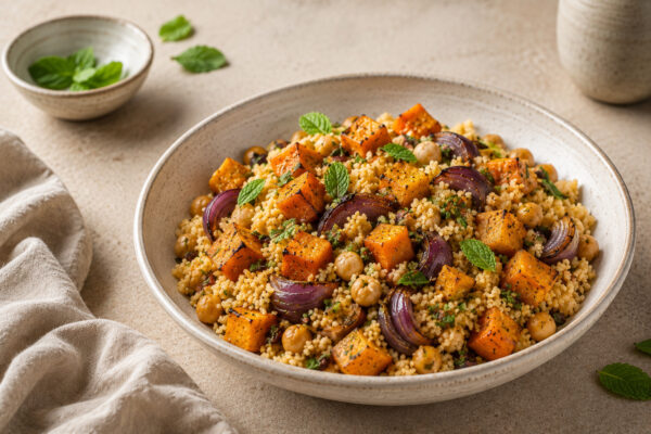 Fertiger Kürbis-Couscous mit Kichererbsen, geröstetem Kürbis, roten Zwiebeln und Minze aus einer deutlich veränderten Perspektive.