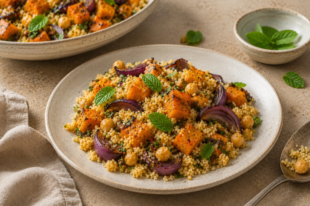 Servierszene mit angerichtetem Kürbis-Couscous, Kichererbsen, geröstetem Kürbis, roten Zwiebeln und Minze sowie Servierbesteck.