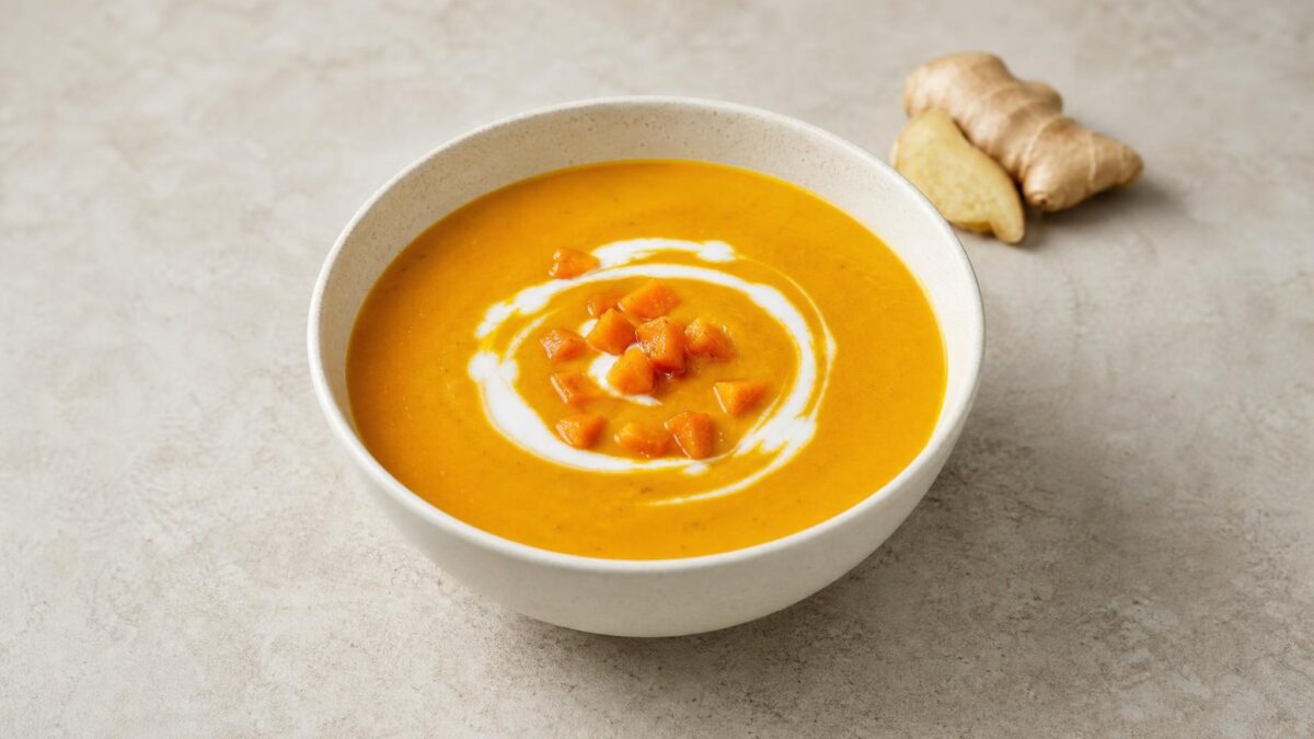 Hauptansicht des fertigen Gerichts. Rezept: Kürbis-Ingwer-Suppe mit Kokosmilch