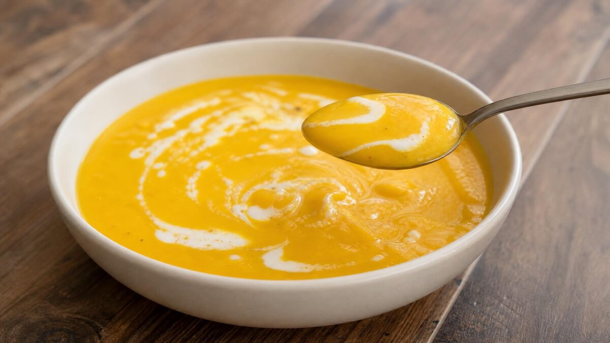 Servierszene mit dem fertigen Gericht. Rezept: Kürbis-Ingwer-Suppe mit Kokosmilch