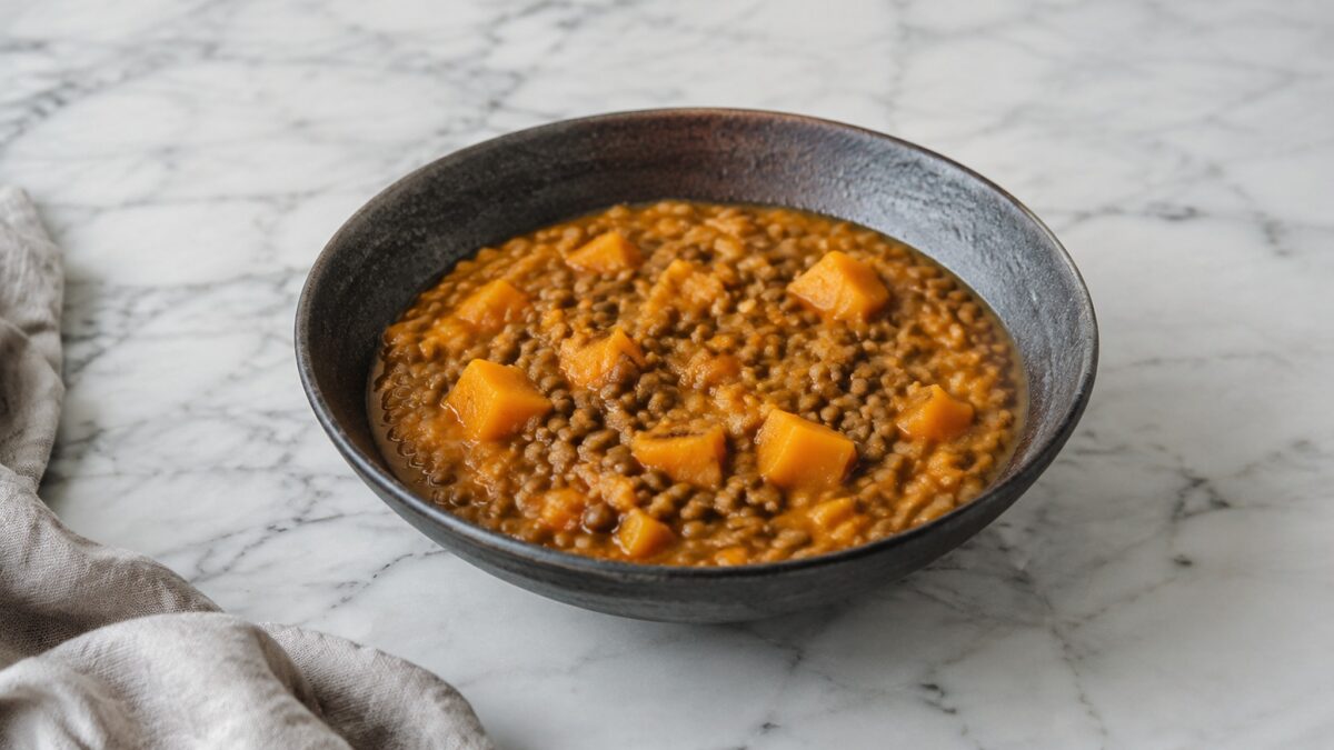 Hauptansicht des fertigen Gerichts. Rezept: Kürbis-Linsen-Eintopf mit Kreuzkümmel