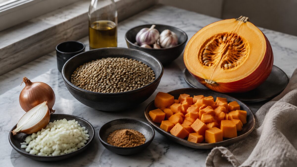 Zutaten- und Vorbereitungsansicht. Rezept: Kürbis-Linsen-Eintopf mit Kreuzkümmel