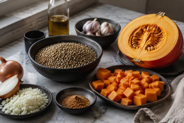 Zutaten- und Vorbereitungsansicht. Rezept: Kürbis-Linsen-Eintopf mit Kreuzkümmel