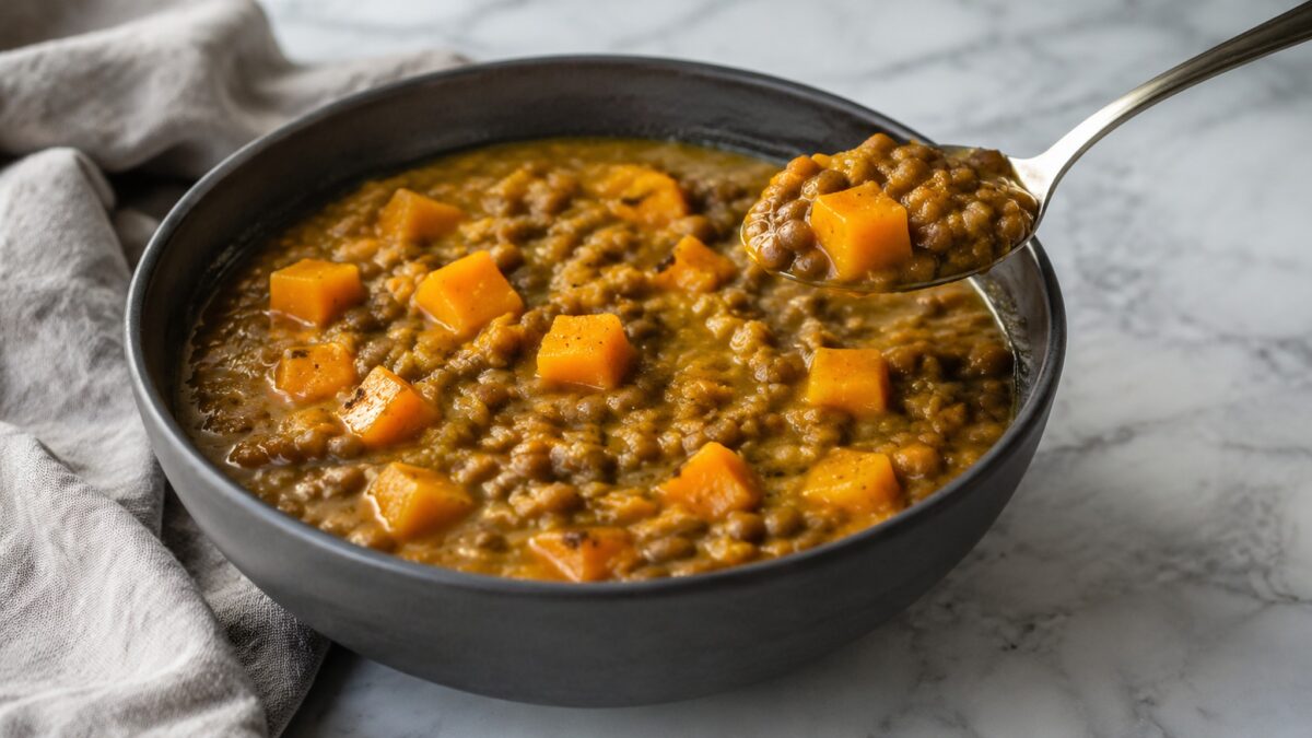 Servierszene mit dem fertigen Gericht. Rezept: Kürbis-Linsen-Eintopf mit Kreuzkümmel