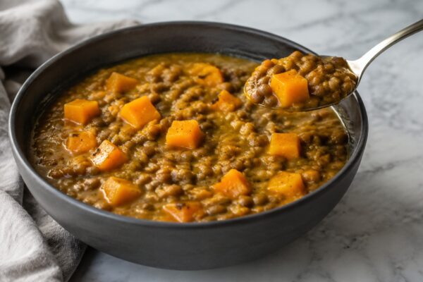 Servierszene mit dem fertigen Gericht. Rezept: Kürbis-Linsen-Eintopf mit Kreuzkümmel