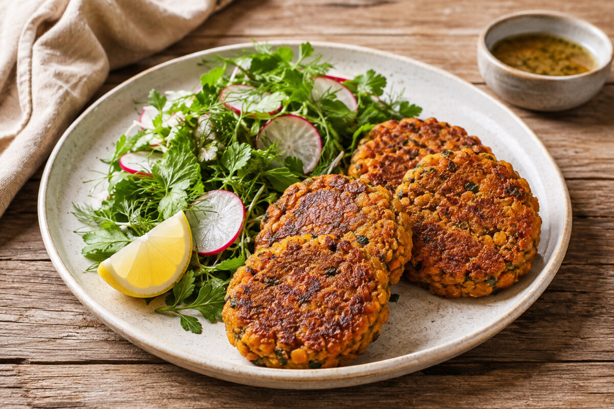 Hauptansicht des fertigen Gerichts: mehrere knusprig goldbraune Kürbis-Linsen-Laibchen mit frischem Kräutersalat, Radieschenscheiben und Zitronenspalte auf einem großen hellen Keramikteller.