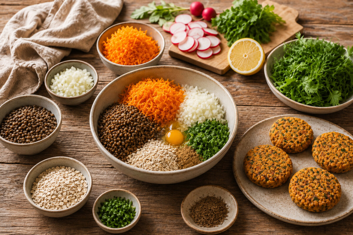 Zutaten- und Vorbereitungsansicht mit geraspeltem Hokkaidokürbis, gekochten Linsen, fein gehackter Zwiebel, Ei, Haferflocken, Petersilie, Kreuzkümmel, Radieschen, Zitrone und geformten Laibchen.