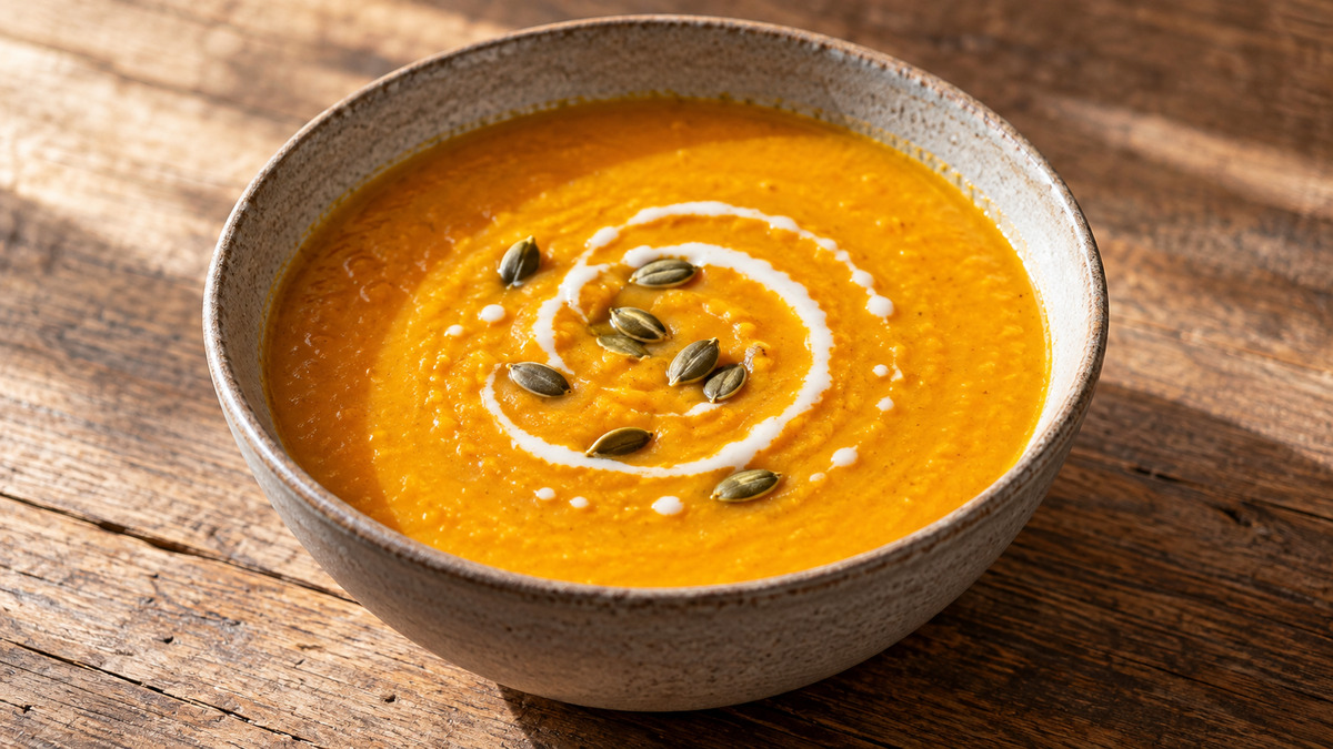 Kürbis-Linsen-Suppe mit Ingwer: Fertiges Gericht als zentrales Hauptmotiv.