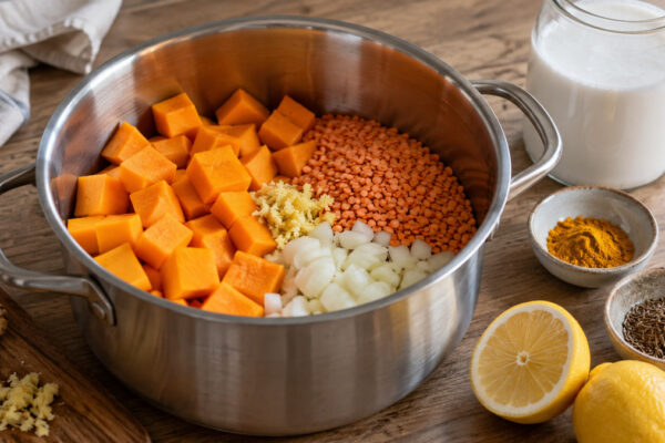 Kürbis-Linsen-Suppe mit Ingwer: Verwendete Zutaten und nachvollziehbare Vorbereitung.