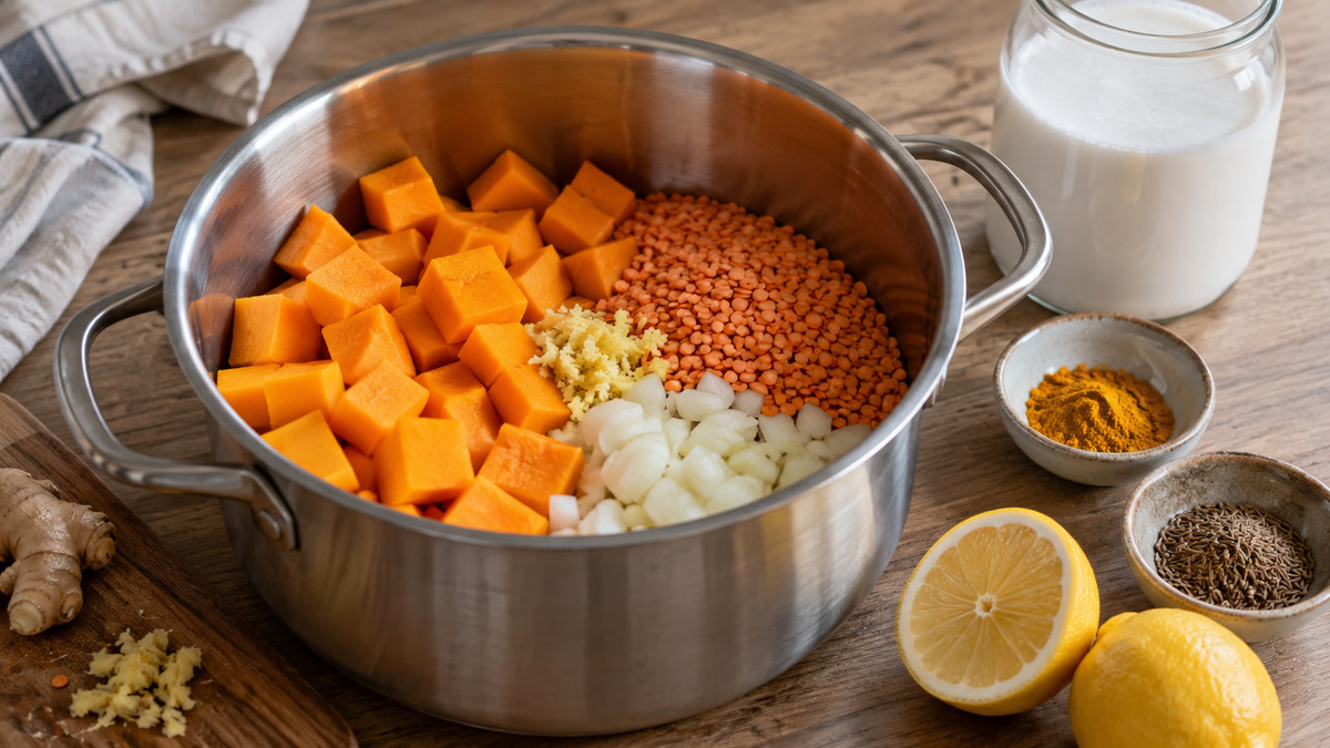 Kürbis-Linsen-Suppe mit Ingwer: Verwendete Zutaten und nachvollziehbare Vorbereitung.