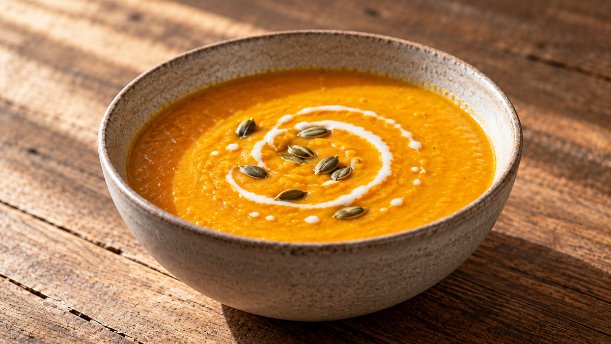 Kürbis-Linsen-Suppe mit Ingwer: Fertiges Gericht aus einer alternativen Perspektive.