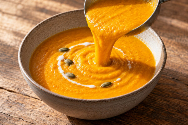 Kürbis-Linsen-Suppe mit Ingwer: Alternative Anrichtung oder aktive Servierszene.