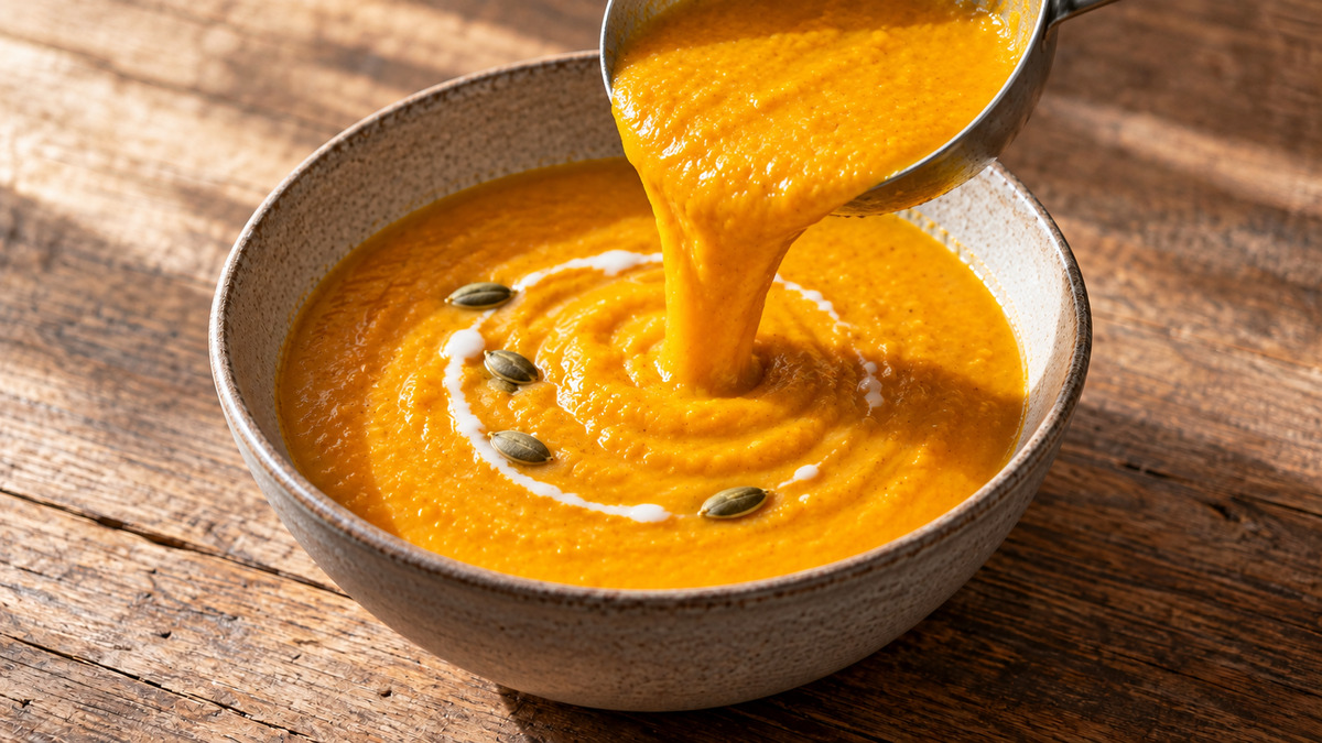 Kürbis-Linsen-Suppe mit Ingwer: Alternative Anrichtung oder aktive Servierszene.