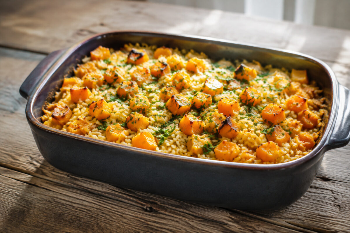 Hauptansicht des fertigen Gerichts. Rezept: Kürbis-Reis-Auflauf mit Kräutern