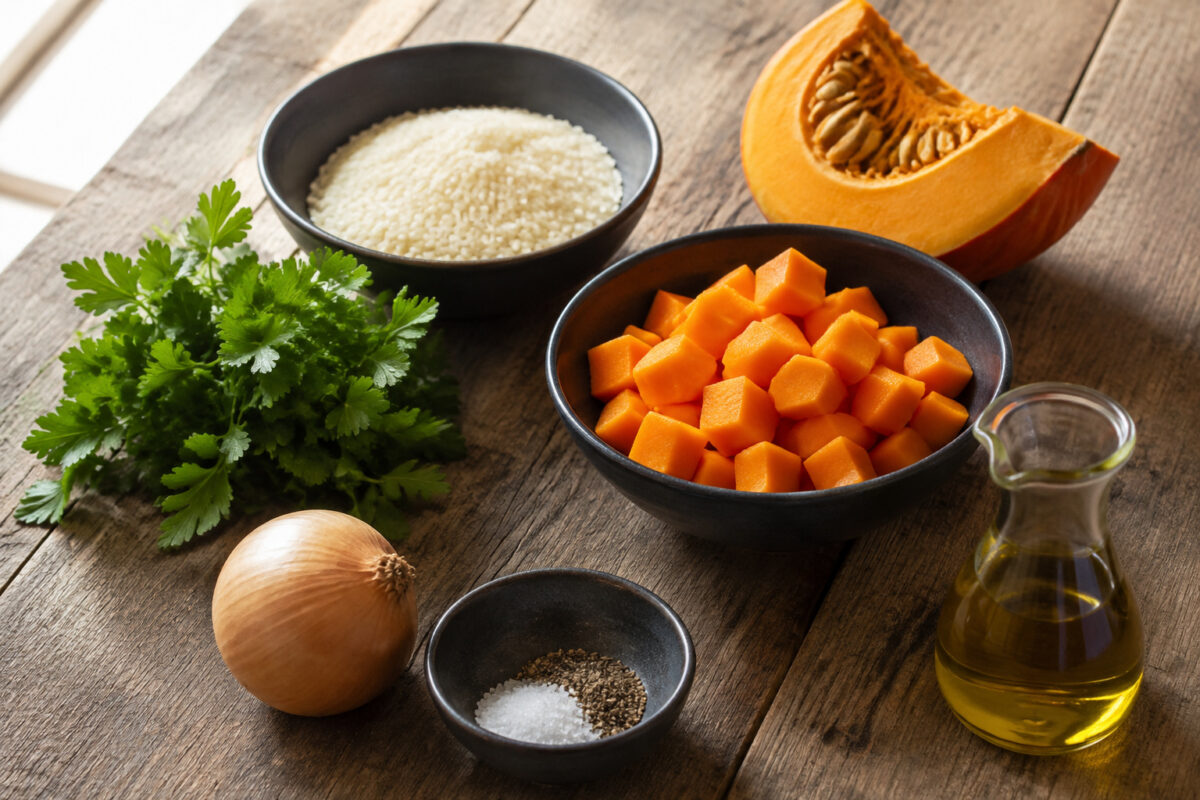 Zutaten- und Vorbereitungsansicht. Rezept: Kürbis-Reis-Auflauf mit Kräutern