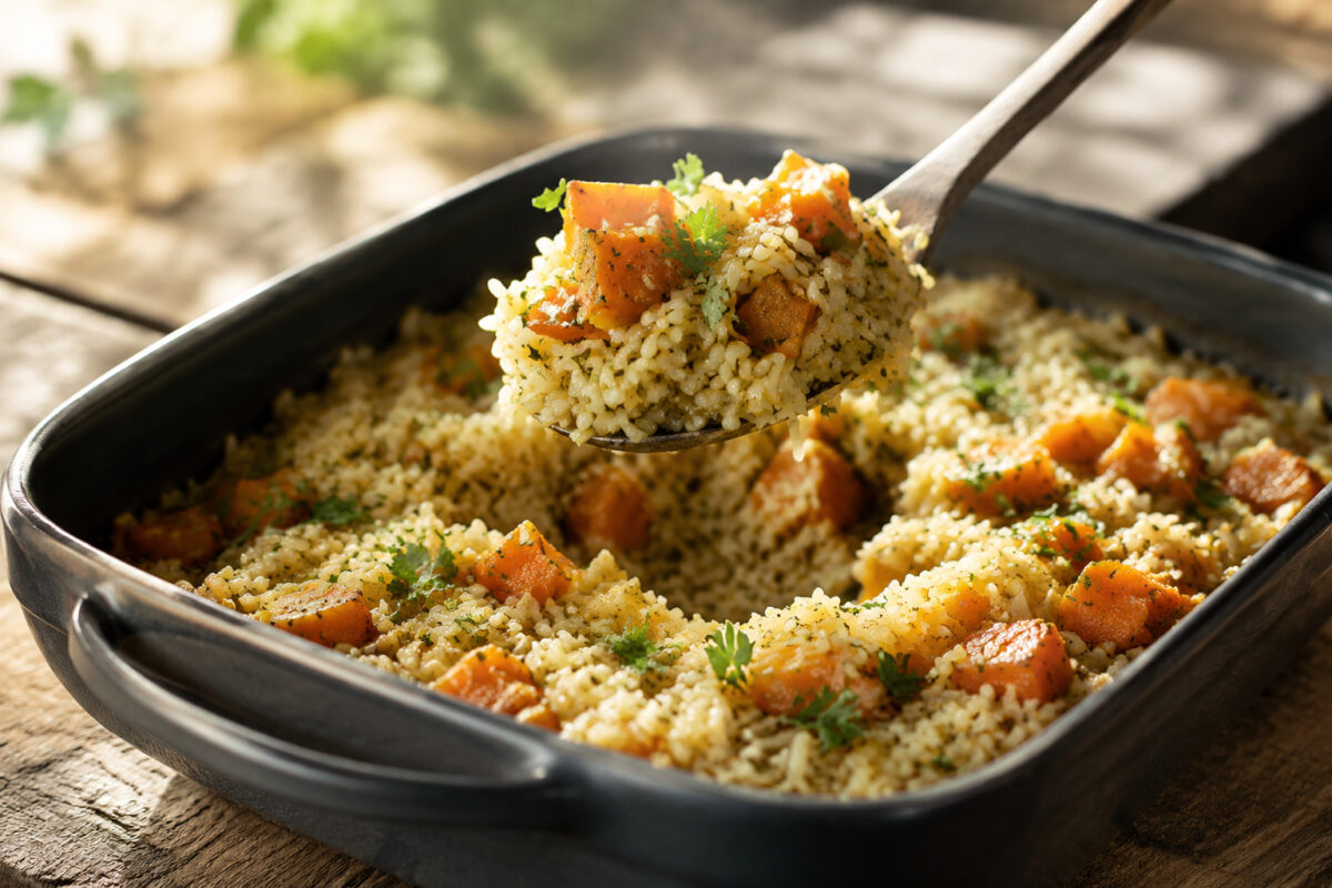 Servierszene mit dem fertigen Gericht. Rezept: Kürbis-Reis-Auflauf mit Kräutern