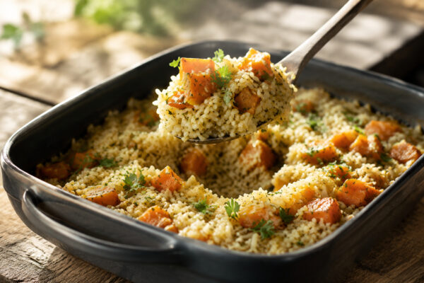 Servierszene mit dem fertigen Gericht. Rezept: Kürbis-Reis-Auflauf mit Kräutern
