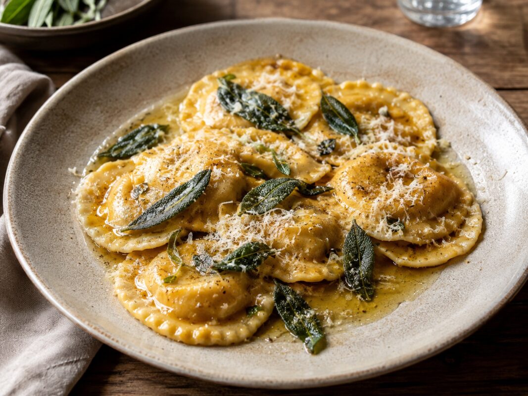 Großer Teller mit goldenen Ravioli in Salbeibutter, grünen Salbeiblättern und geriebenem Käse.