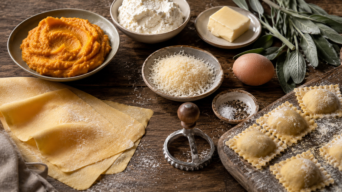 Zutaten- und Vorbereitungsansicht mit Pastateig, Kürbispüree, Ricotta, Parmesan, Ei, Butter und Salbei.