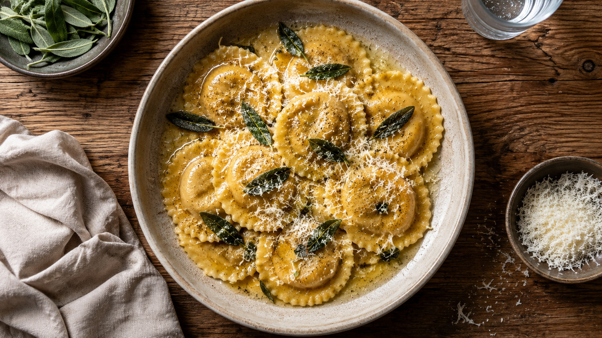 Draufsicht auf fertige Kürbis-Ricotta-Ravioli in Salbeibutter mit Parmesan.