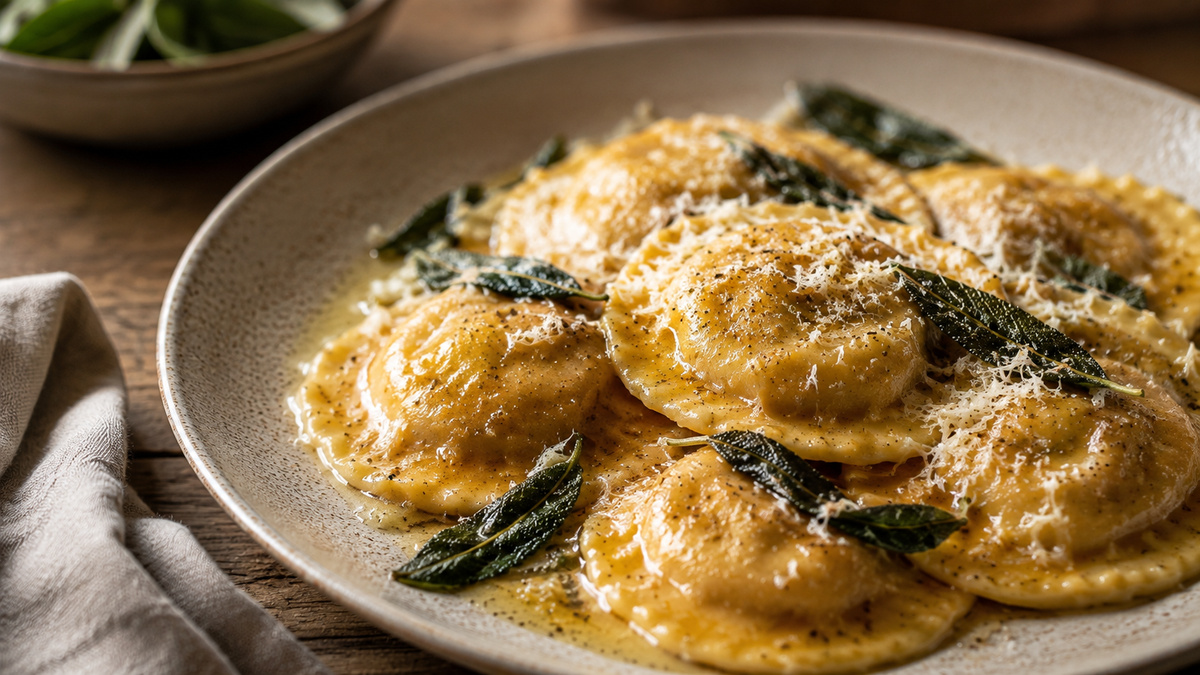 Nahe Servieransicht der fertigen Kürbis-Ricotta-Ravioli mit Salbeibutter und Parmesan.
