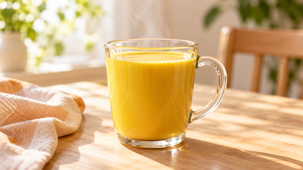 Kurkuma-Latte mit Mandeldrink: Fertiges Getränk als zentrales Hauptmotiv.