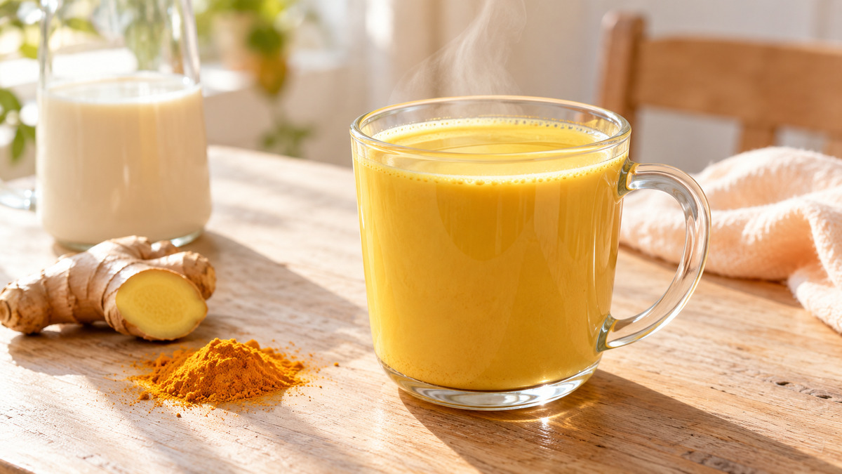 Kurkuma-Latte mit Mandeldrink: Fertiges Getränk aus einer alternativen Perspektive.